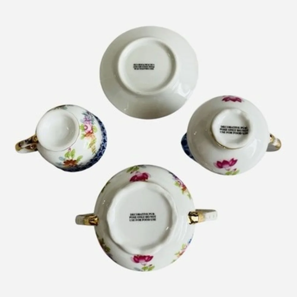Mosaic Floral Porcelain Mini Decorative Tea Set 4Pc Creamer Sugar Cup Saucer EXC